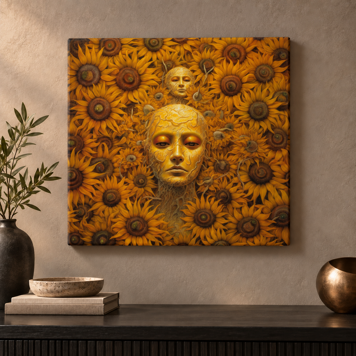 Sunflowerseeds — 12x12 gallery-wrapped canvas on a warm neutral wall