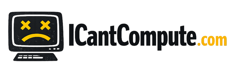 Logo of 'ICantCompute.com' with a sad computer monitor icon on a white background