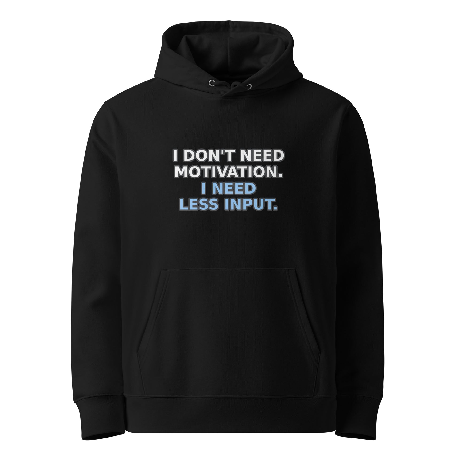 Less Input Hoodie in Black (organic cotton, 350 GSM), front view