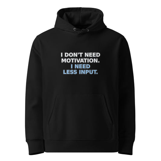 Less Input Hoodie in Black (organic cotton, 350 GSM), front view