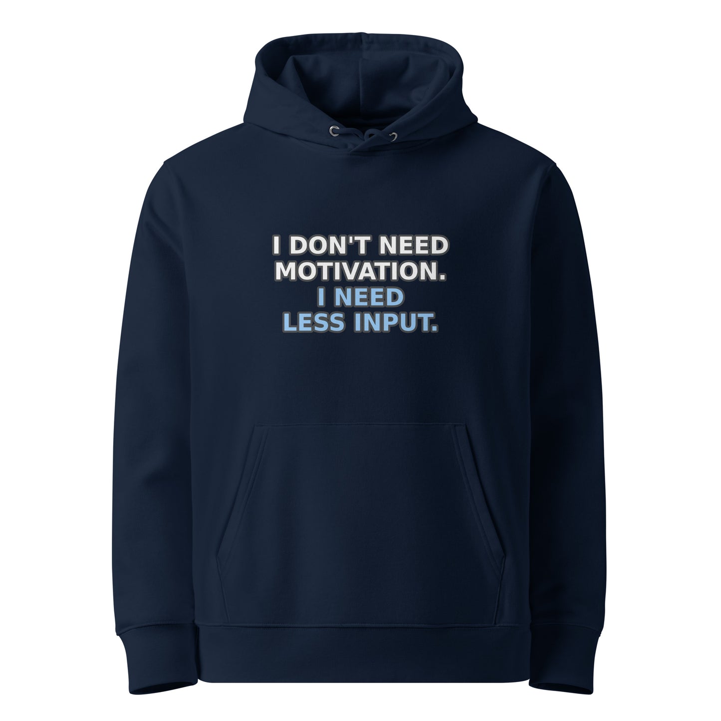 Less Input Hoodie in French Navy (organic cotton, 350 GSM), front view