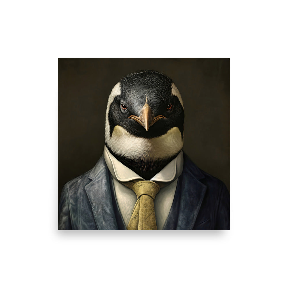 The Boardroom Penguin in a dark blue suit and gold tie, dramatic vintage-style animal portrait