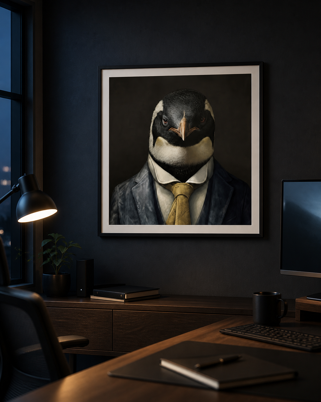 The Boardroom Penguin framed poster in a moody developer workspace