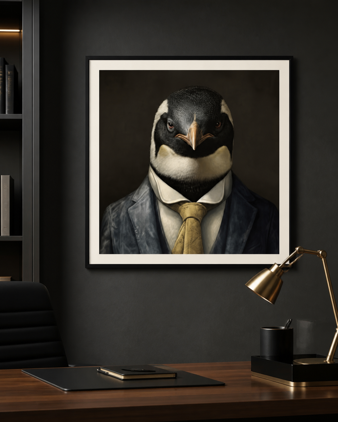 The Boardroom Penguin framed poster in a dark executive home office
