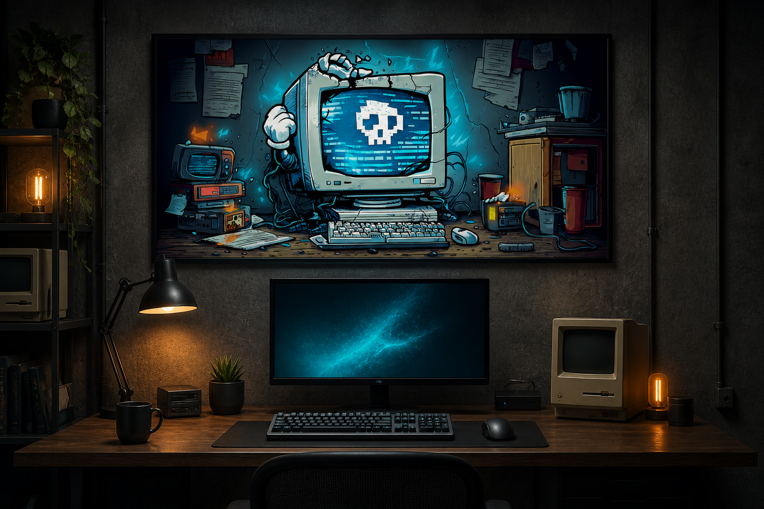 Can’t Compute Day glitch computer poster above a dark programmer desk