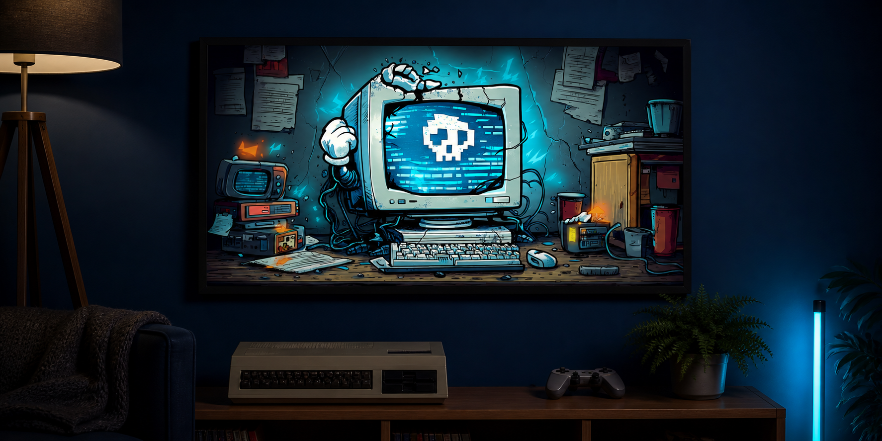 Can’t Compute Day retro-tech wall art in a dark gaming corner