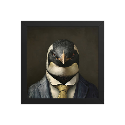 Boardroom Penguin framed poster in black frame, 10×10 inch