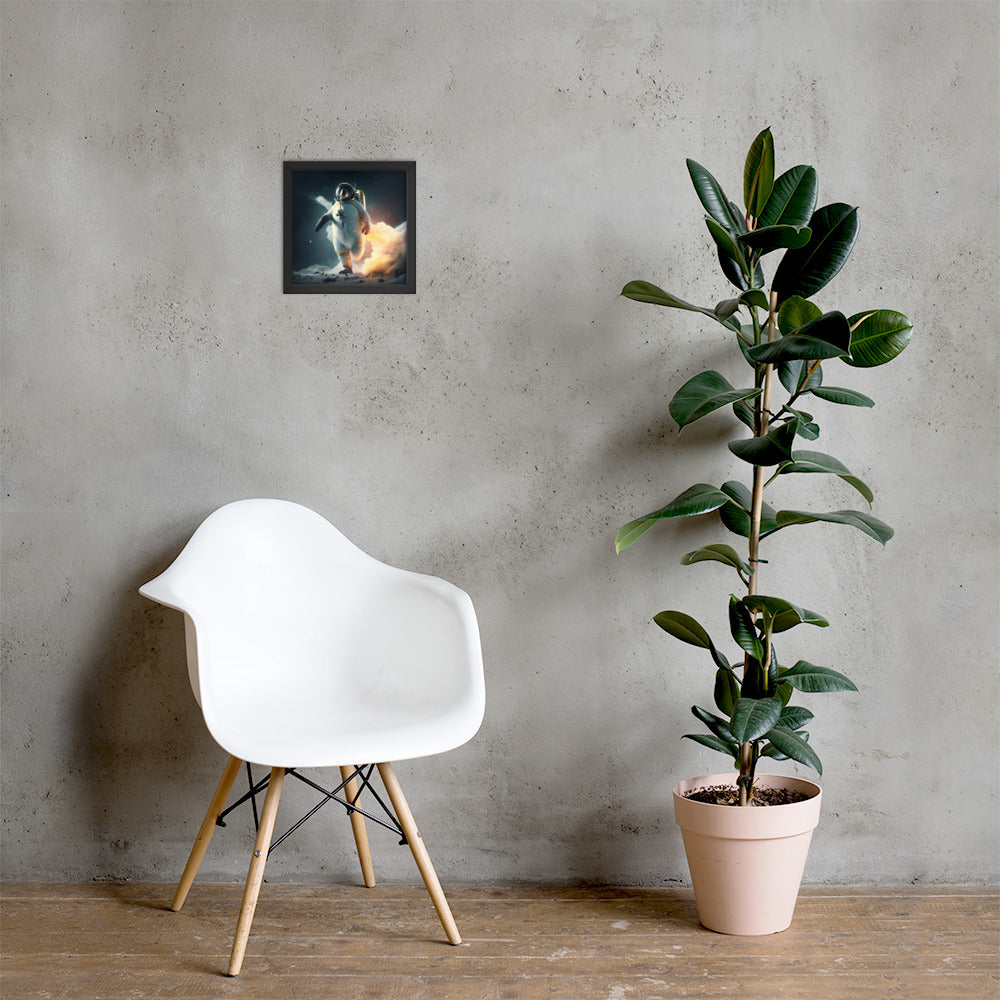 Launch Failed Successfully framed penguin poster displayed on an interior wall