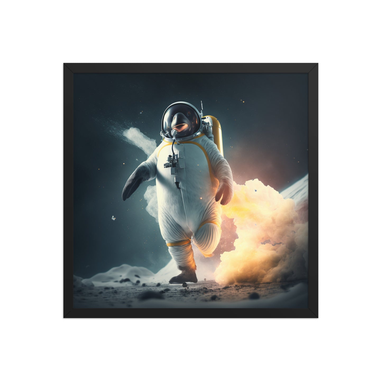 Launch Failed Successfully framed penguin poster in black frame, 18×18 inch
