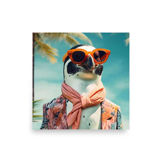 Vacation Mode Penguin poster with orange sunglasses and tropical jacket, 10×10 inch print