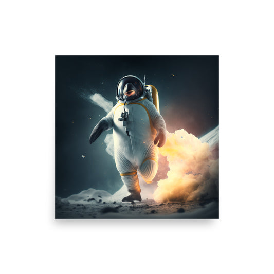 Launch Failed Successfully poster showing a penguin in a white flight suit walking from an explosion
