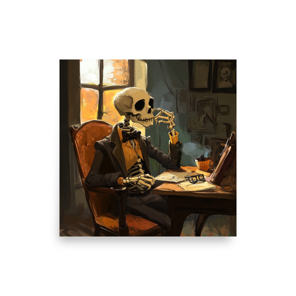 Just Bah poster showing a skeleton in a suit sitting at an office desk