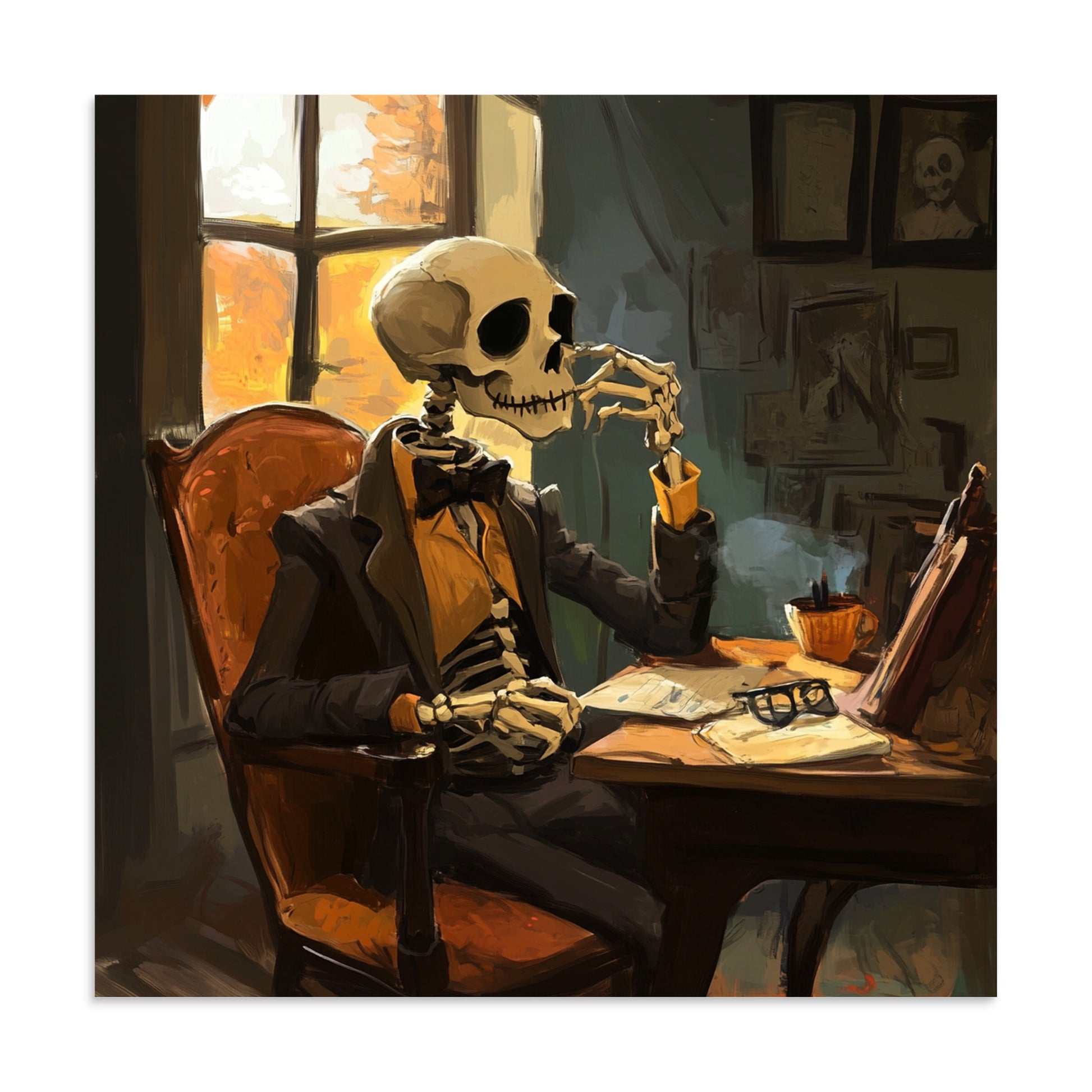 Just Bah poster showing a skeleton in a suit sitting at an office desk
