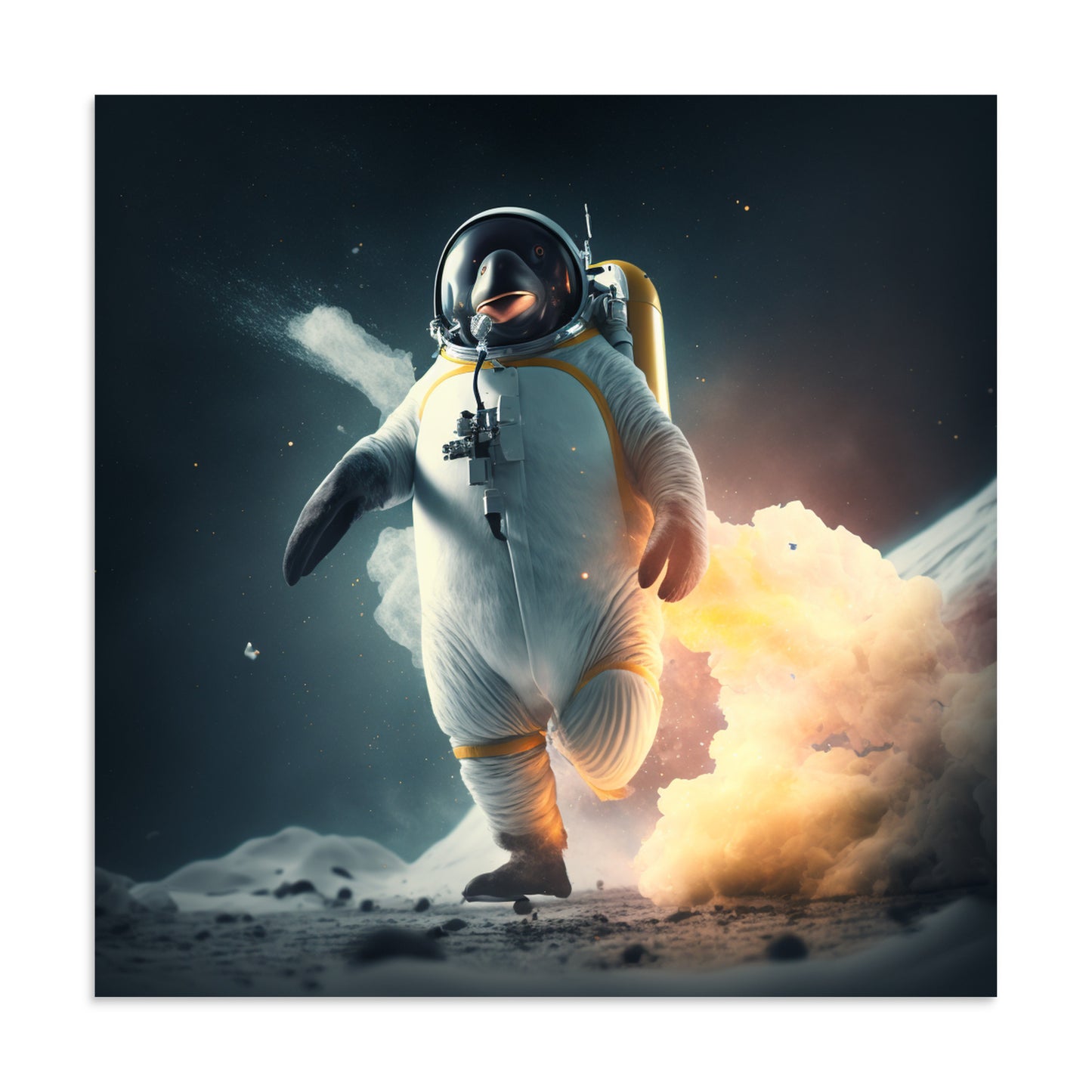 Launch Failed Successfully poster showing a penguin in a white flight suit walking from an explosion