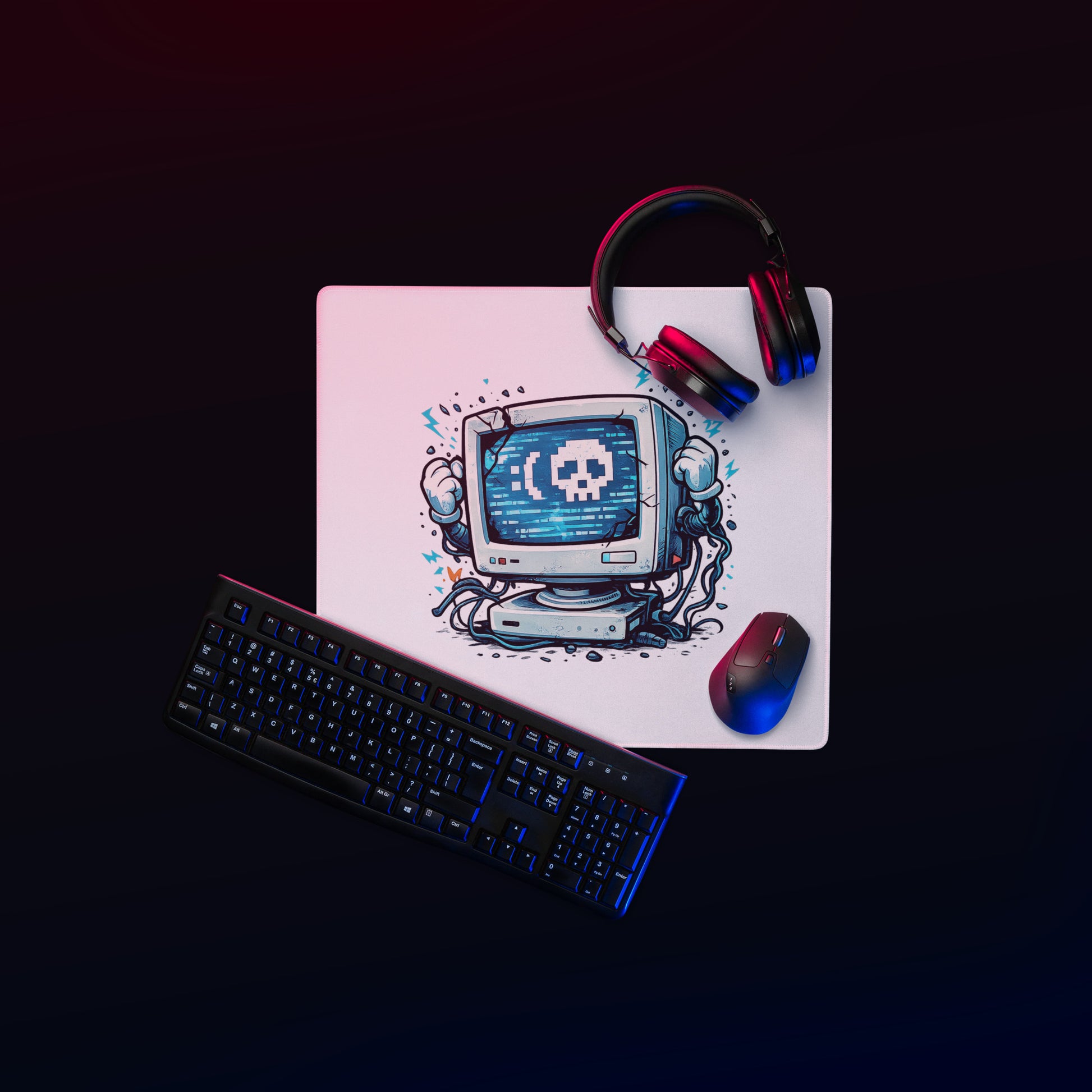 Retro Byte Reaper Gaming Mouse Pad with glitch skull tech artwork, 18 × 16 inch product view