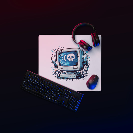Retro Byte Reaper Gaming Mouse Pad with glitch skull tech artwork, 18 × 16 inch product view