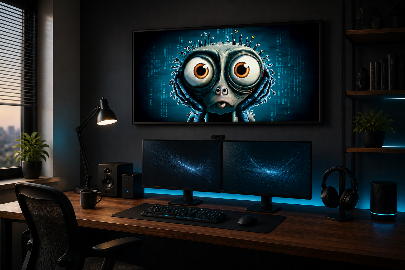 Input Overflow poster above a modern dark developer workstation