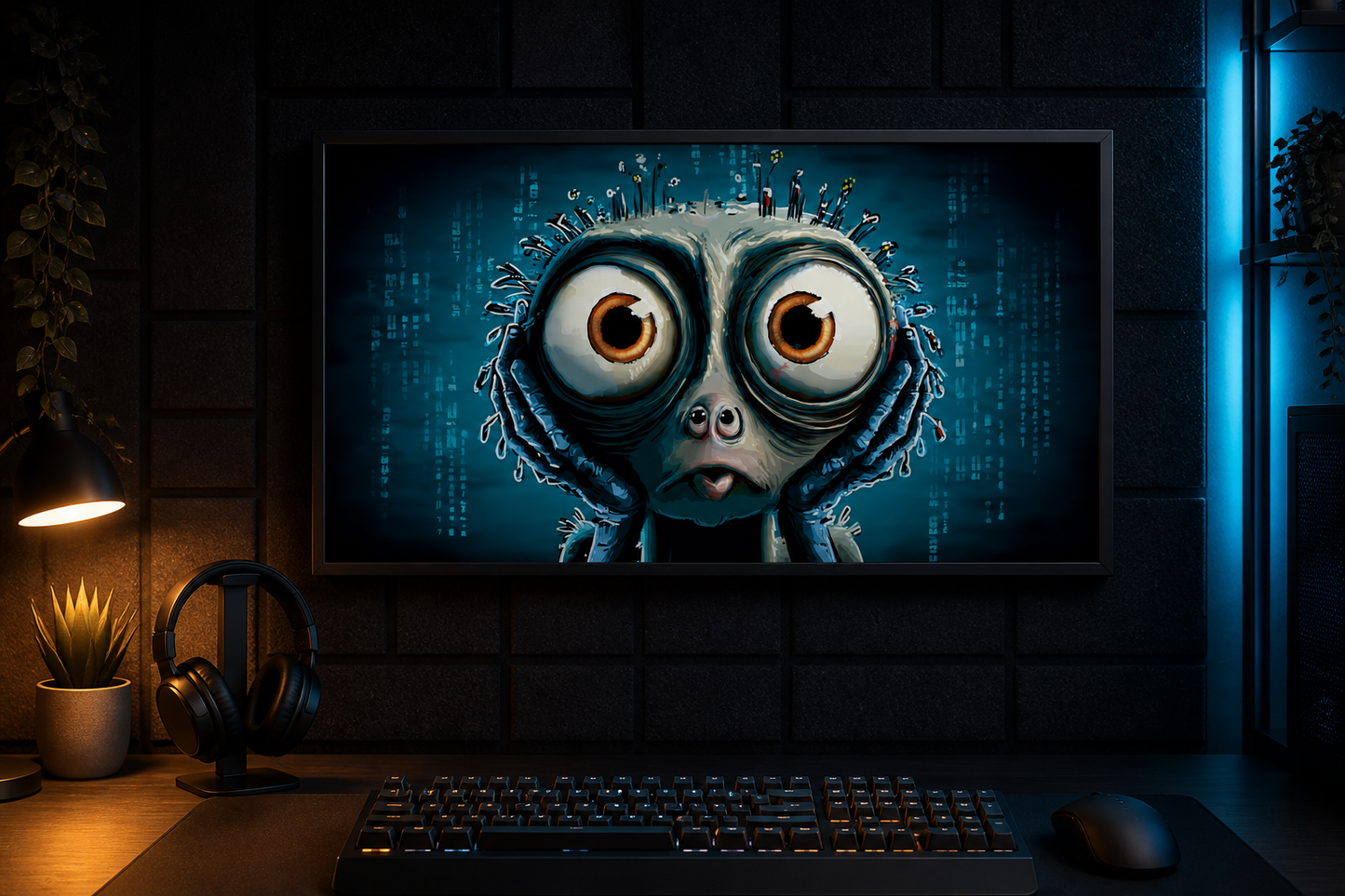 Input Overflow wall art in a dark gaming and streaming nook