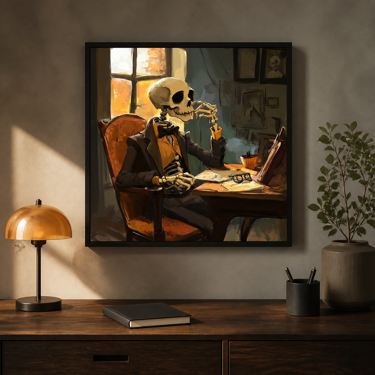 Just Bah skeleton wall art above a contemporary office console