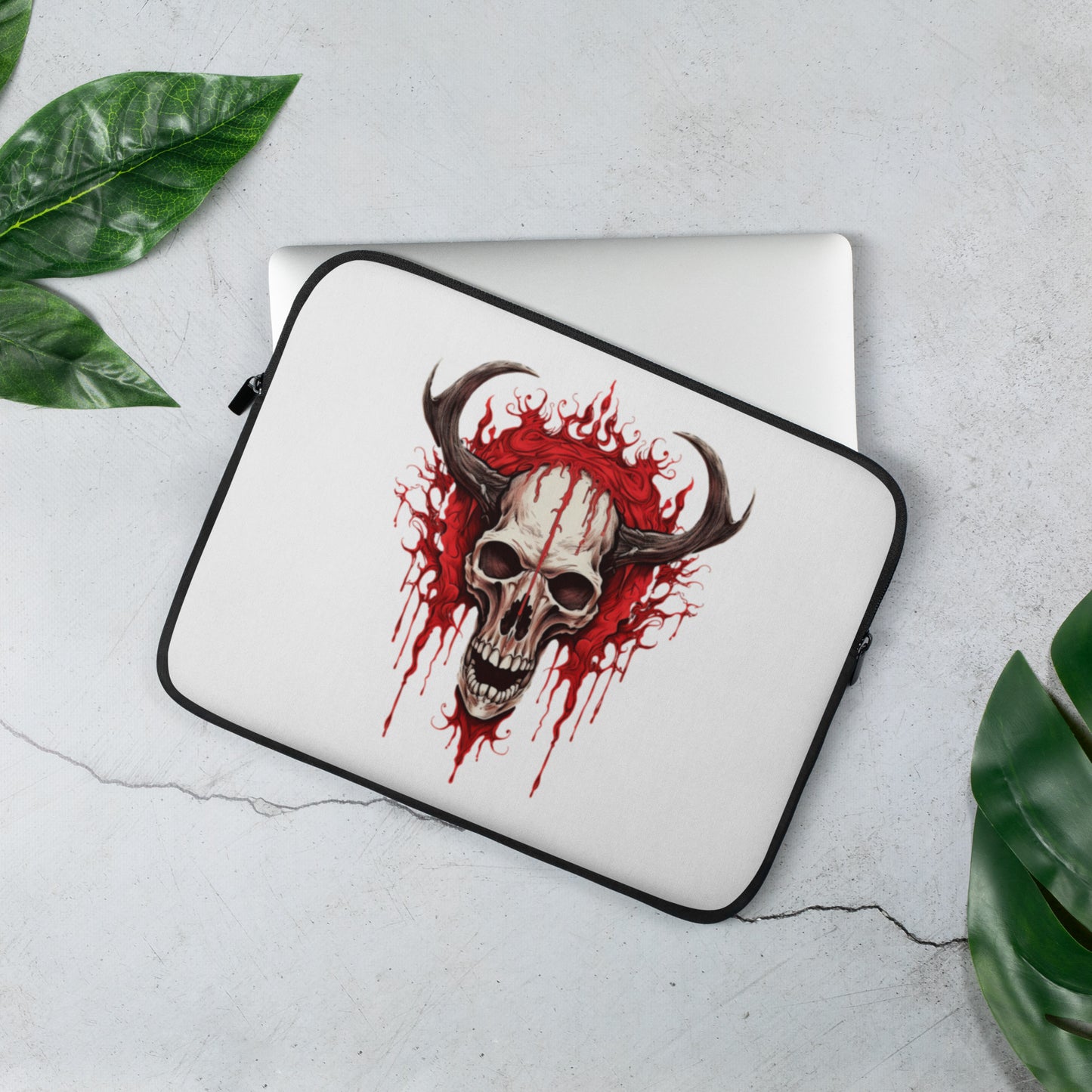 System Corruption Skull Laptop Sleeve with dark tech skull artwork, 13 inch product mockup