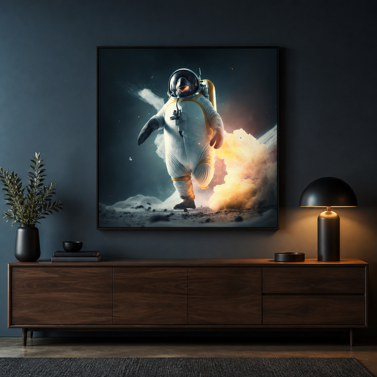Launch Failed Successfully penguin poster above a modern walnut console