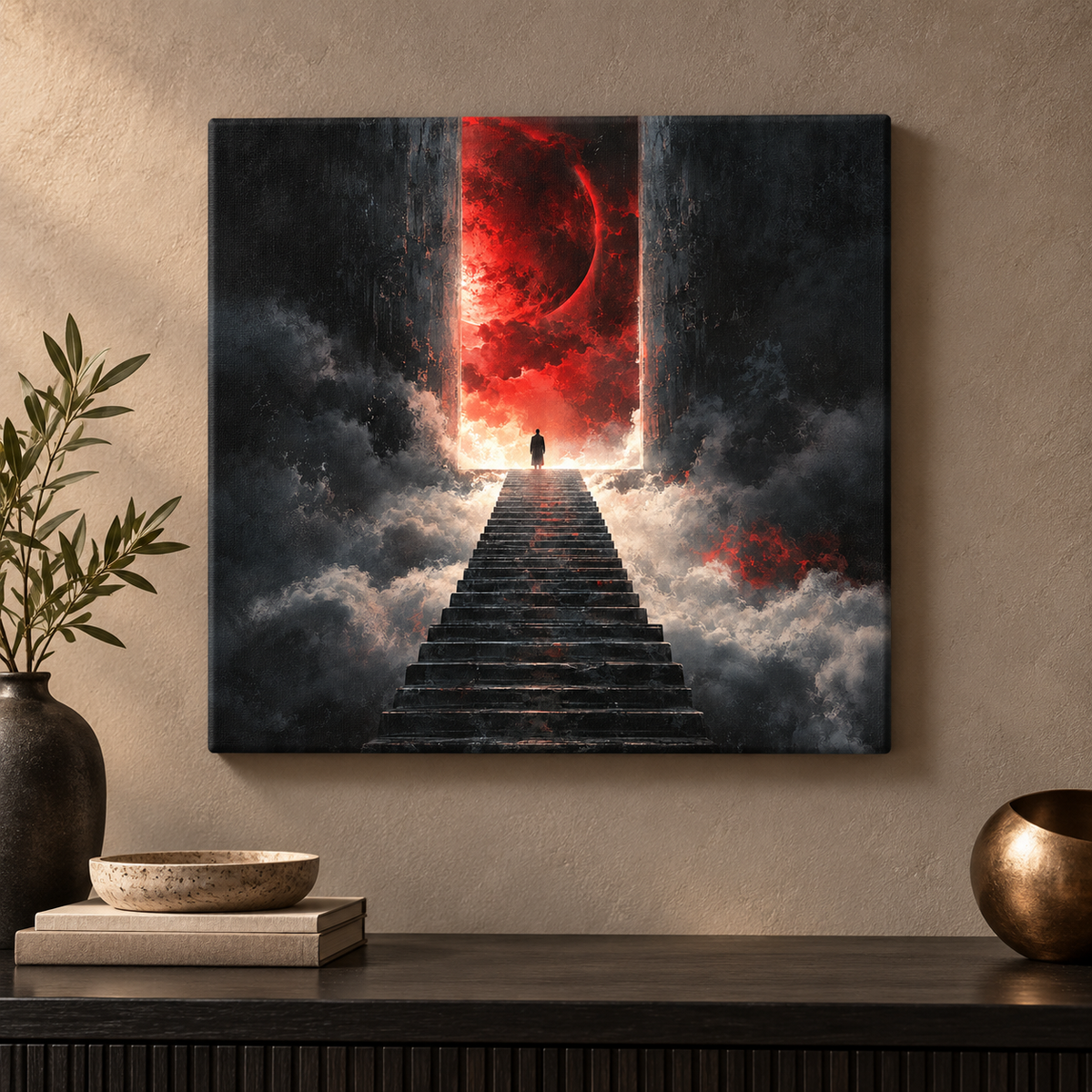 Point of No Return — 12x12 gallery-wrapped canvas on a warm neutral wall