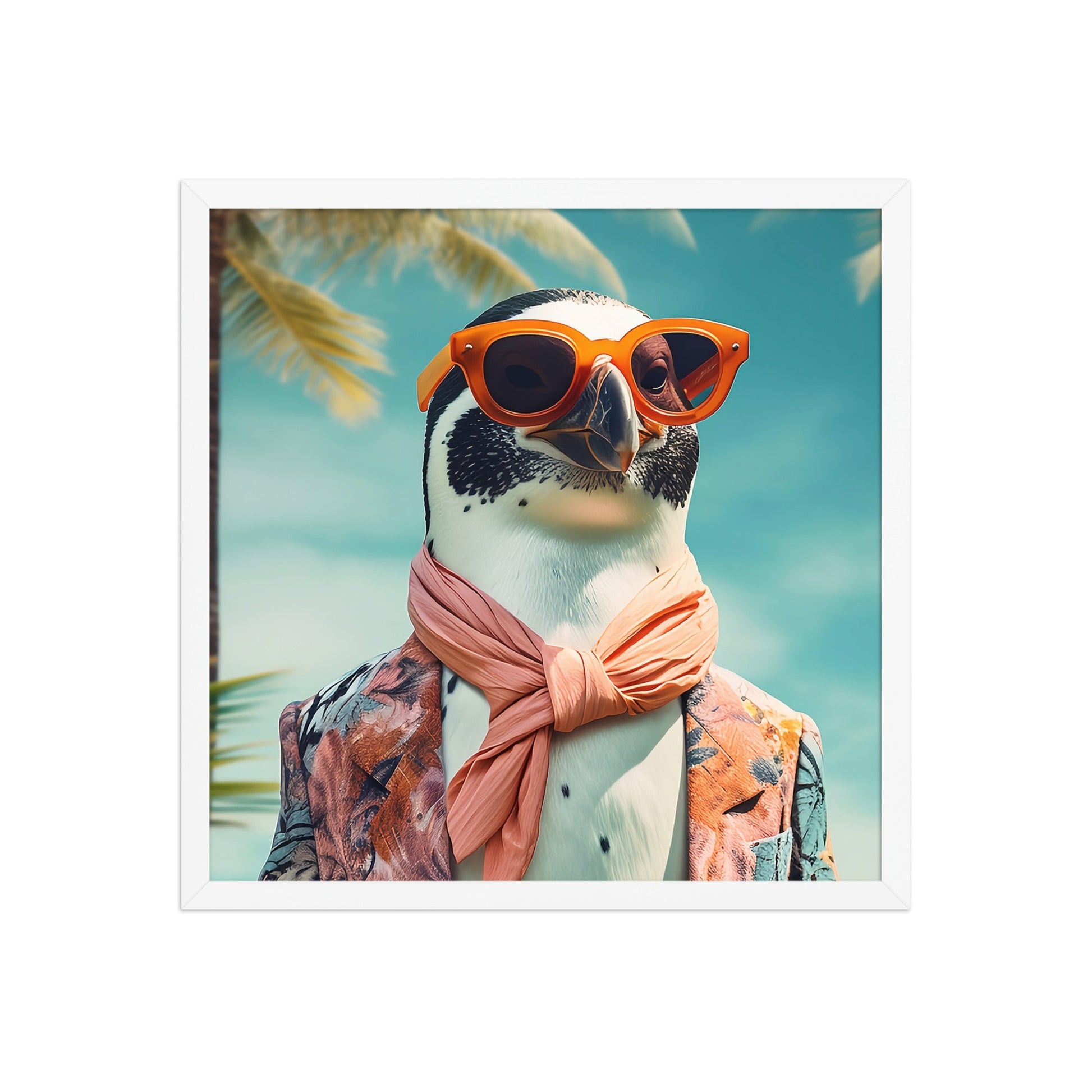 Vacation Mode Penguin framed poster in white frame, 18×18 inch