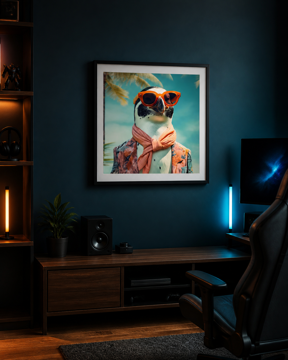 Vacation Mode Penguin framed poster in a premium gaming workspace