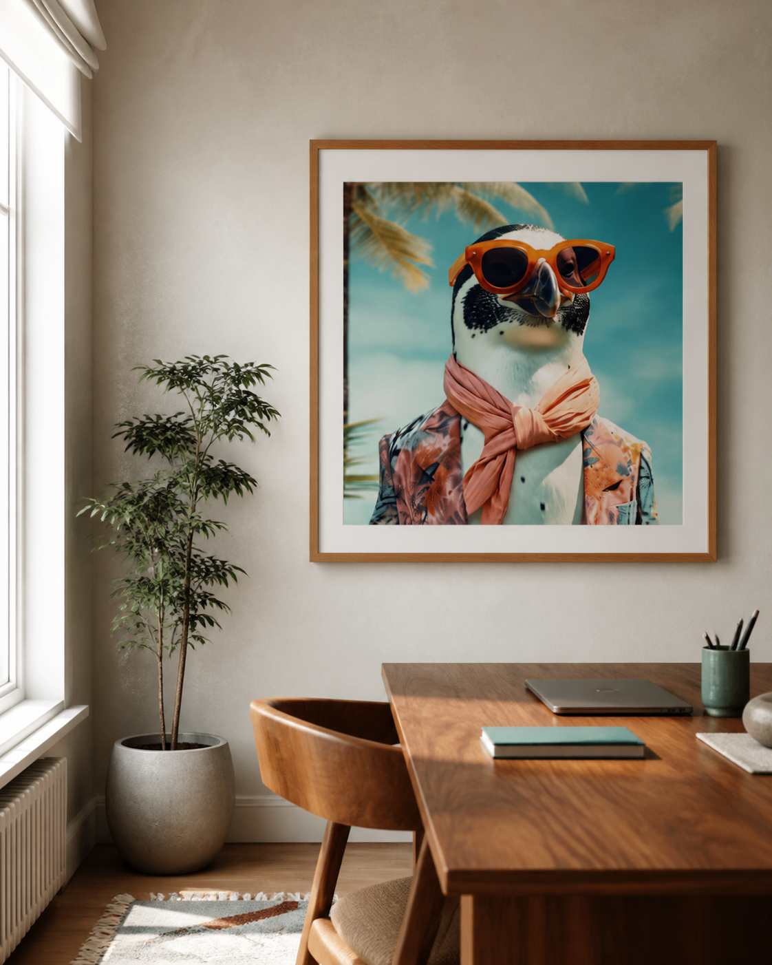 Vacation Mode Penguin framed poster in a modern home office