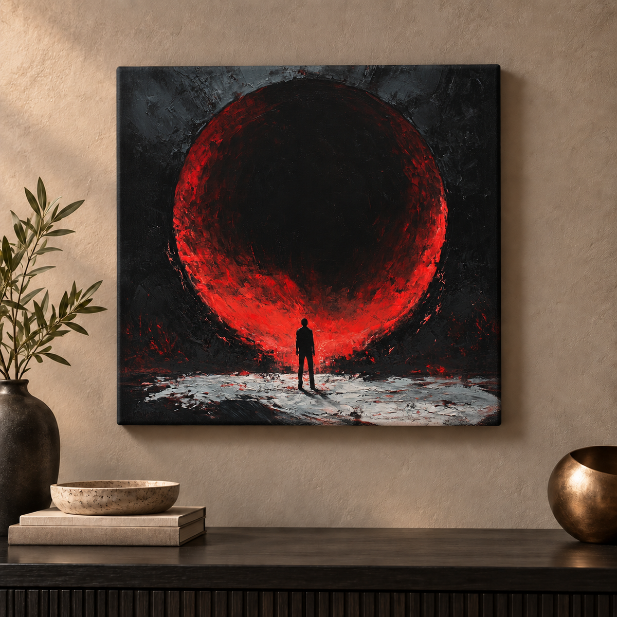 Yelling Into The Void — 12x12 gallery-wrapped canvas on a warm neutral wall